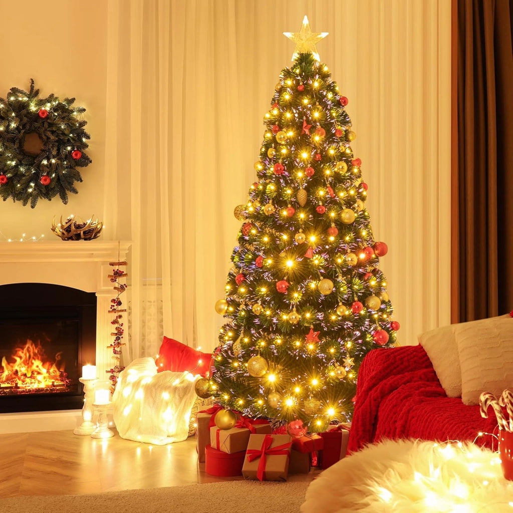 Albero di Natale 150/180 cm, Albero di Natale Artificiale con 170/230 Luci LED, 170/230 Rametti in PVC, Stella Luminosa e 8 Modalità di Illuminazione per Casa, Ufficio e Negozio (180 cm)