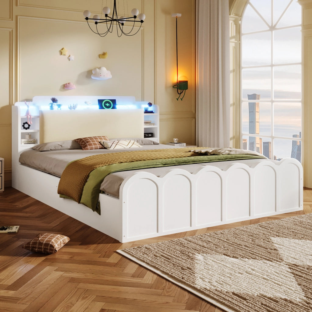 DESMIU Letto contenitore 140 × 200 cm 2 posti con USB Type-C, LED e vano idraulico, senza materasso, bianco