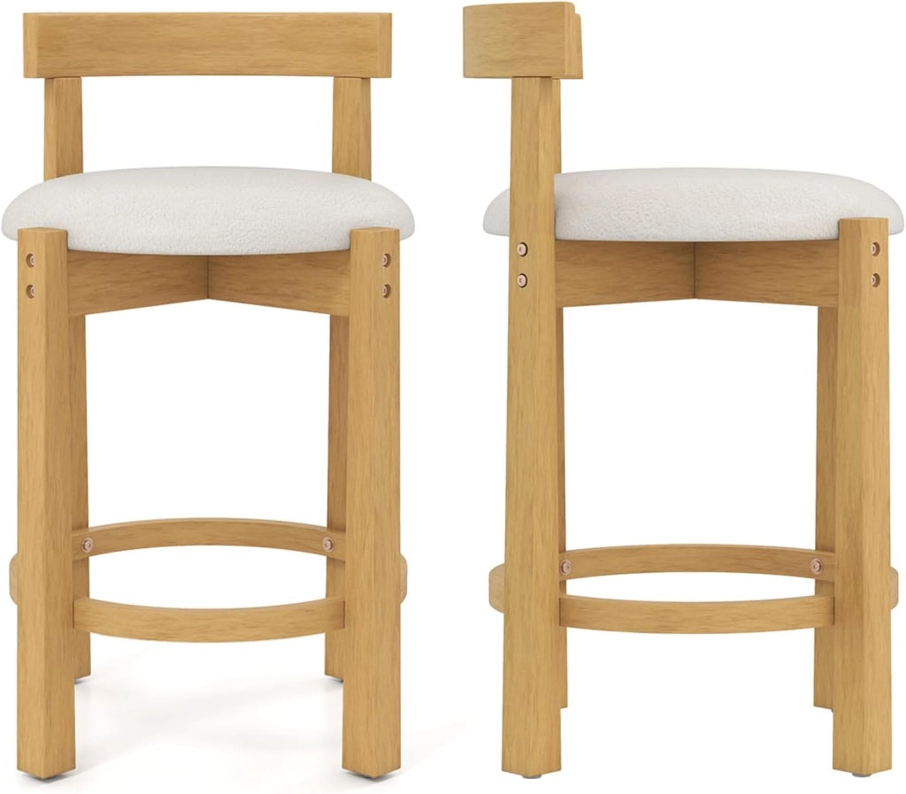 Set da 2 Sgabelli da Bar, Sgabello Imbottito in Velluto Teddy, Comodo Poggiapiedi e Gambe in Legno, Sedie da Cucina senza Braccioli con Schienale a Conchiglia per Sala da Pranzo e Bar