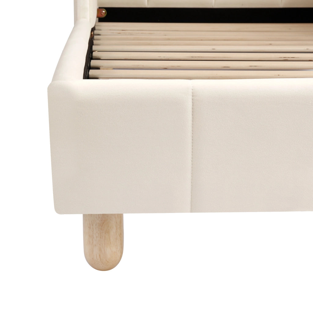 Letto per bambini in velluto beige con testiera ergonomica; tasche laterali e rete a doghe