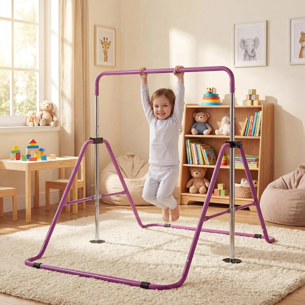 KOMFOTTEU Barra da ginnastica pieghevole per bambini, barra orizzontale con altezza regolabile in 5 livelli da 90 a 130 cm, carico di 70 kg, attrezzatura portatile per allenamento per interni esterni