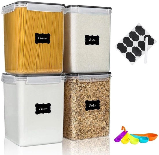 4-pack contenitori alimentari da 5,2 l / 175 oz, pannelli di plastica BPA libera con coperchi per farina, zucchero, utensili da cucina, riso, con coperchi, misurini e etichette, nero