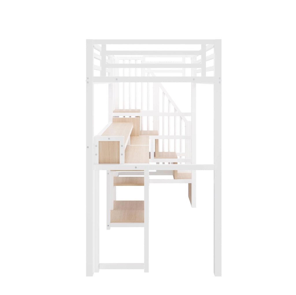 Letto a soppalco con scala contenitore, LED e ricarica USB, bianco