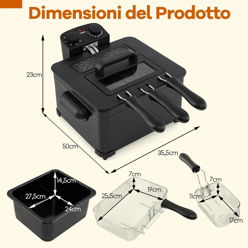 Friggitrice ad Olio 5 L, con 1 Cestello Grande e 2 Piccoli, Temperatura e Timer Regolabili, Friggitrice Elettrica Smontabile con Protezione dal Surriscaldamento, Potenza 1700 W