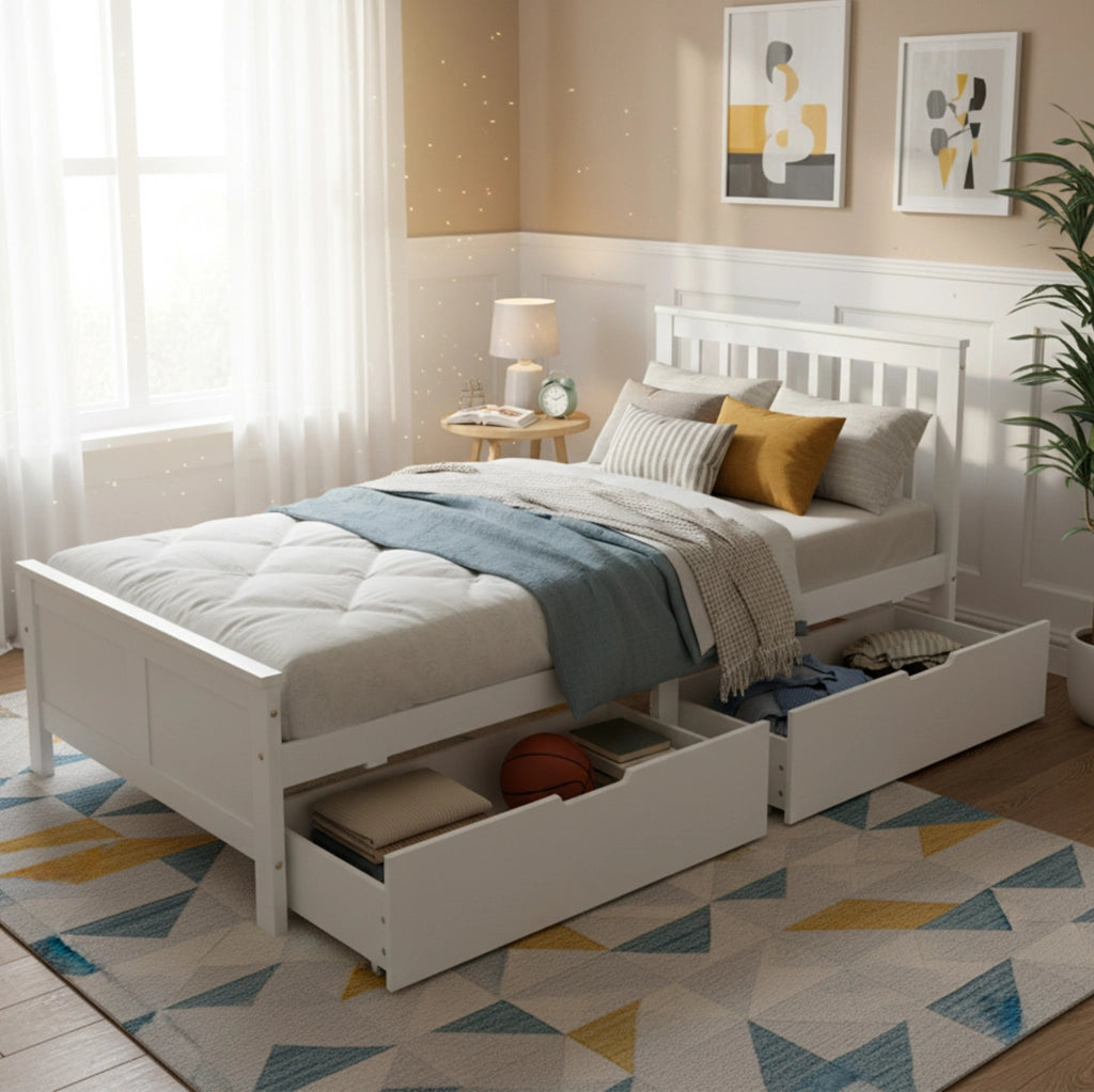 Letto singolo 90x200 cm con 2 cassetti contenitore; struttura in legno massello; bianco
