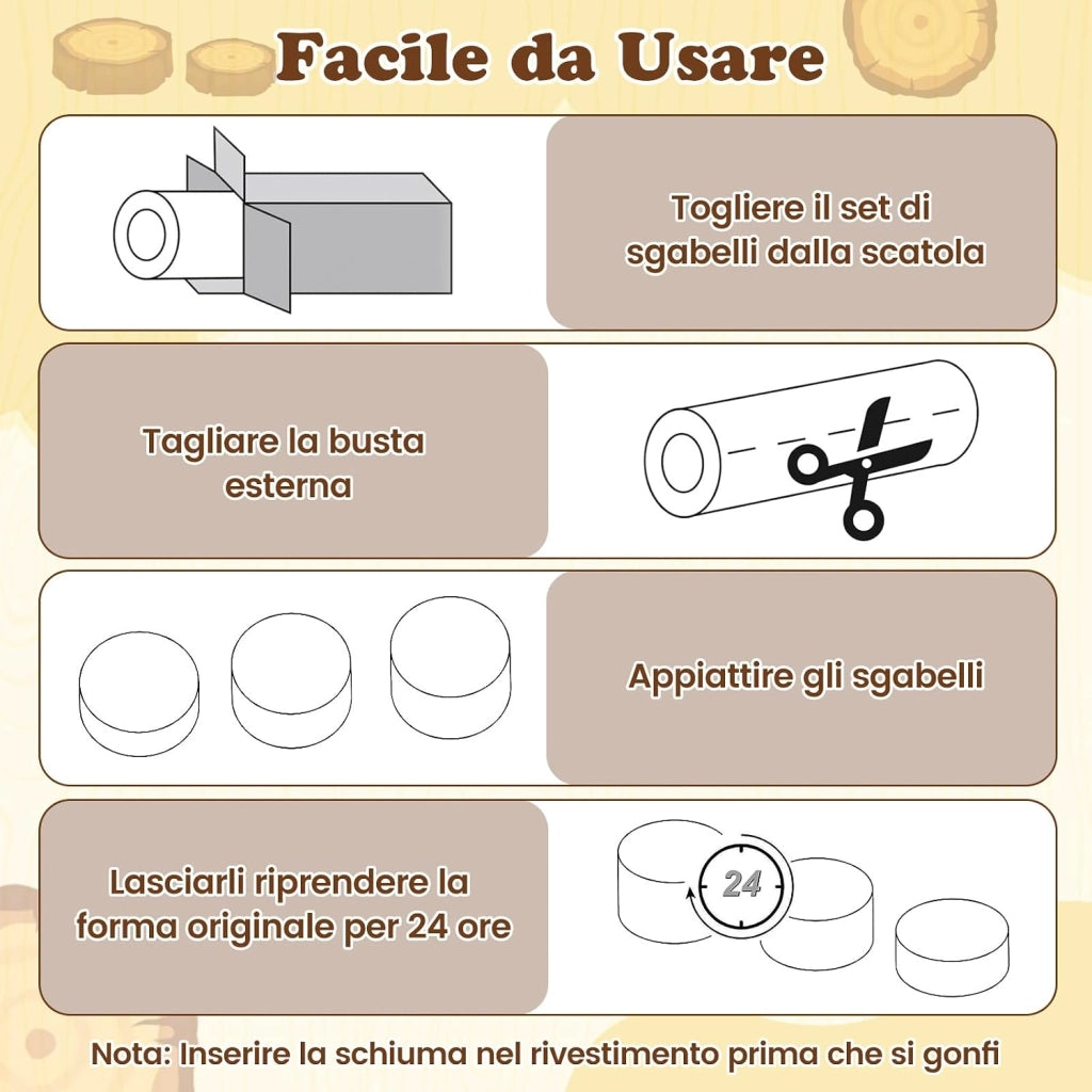 Set di 3 Sgabelli a Ceppo d'Albero, Cuscini da Pavimento per Bambini con Stampa Legno, Decorazione Naturale e Altezze Diverse, Sgabelli Rotondi per Aula, Casa e Asilo (Legno)