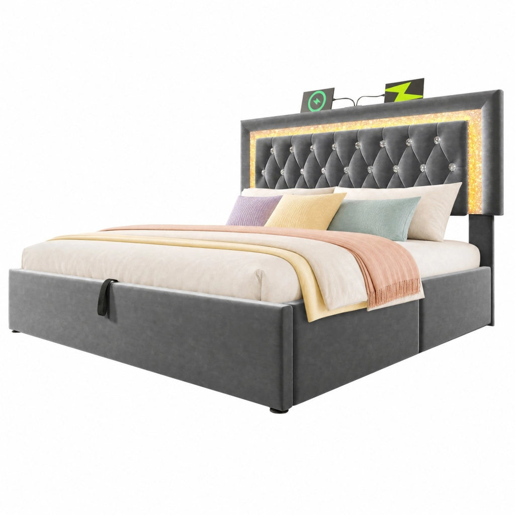 Letto matrimoniale 180x200 cm in velluto grigio con LED, porta USB e USB-C, contenitore idraulico