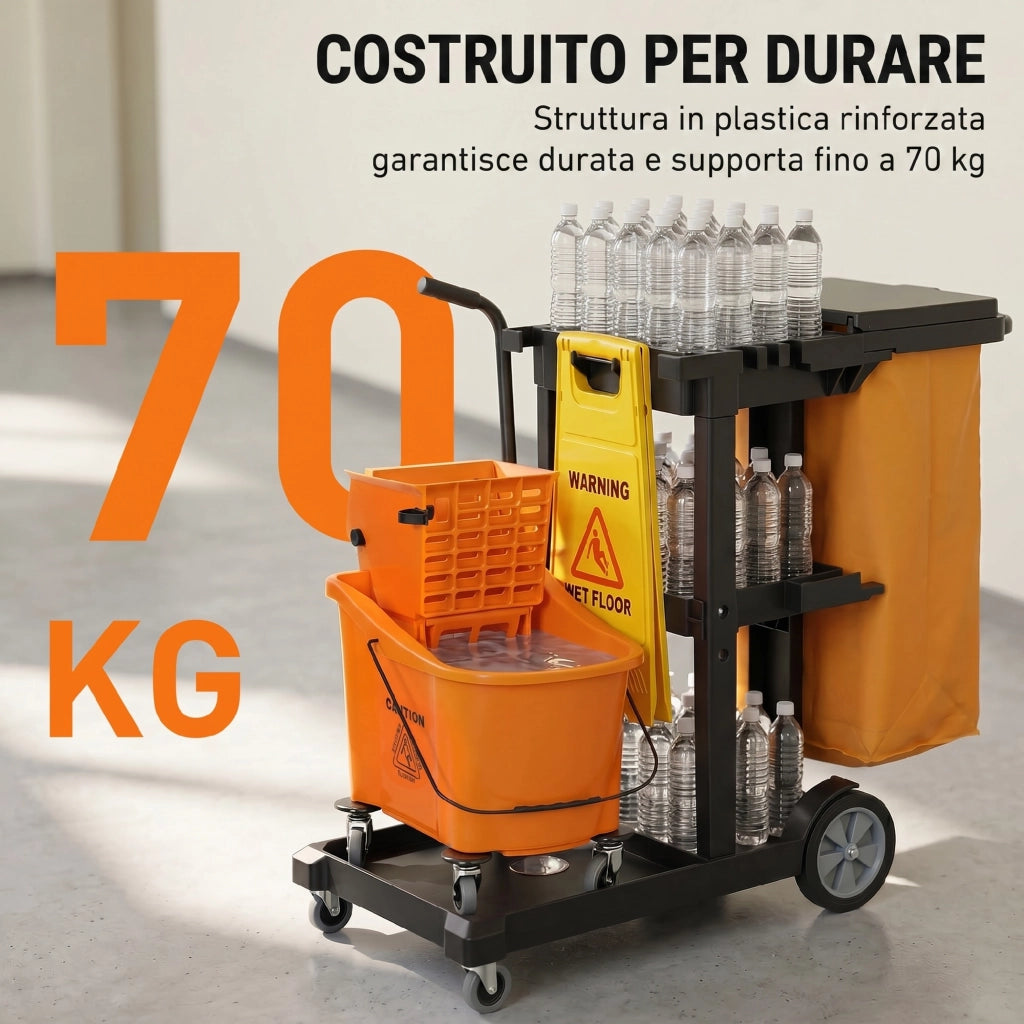 Carrello Pulizie con Ruote, 3 Ripiani e Sacco 70L ¨C zephmum ¨C con Secchio e Strizzatore
