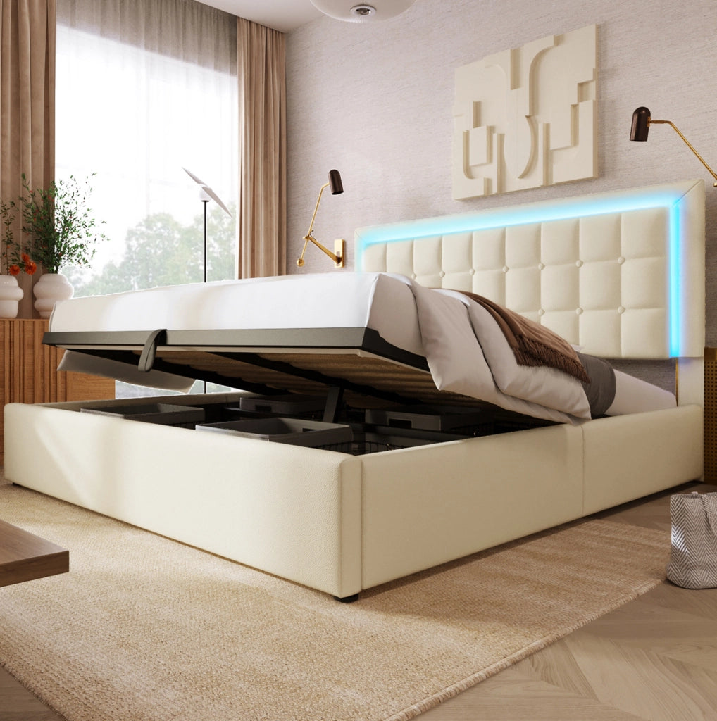Letto imbottito 140x200 cm bianco con materasso, LED e vano contenitore