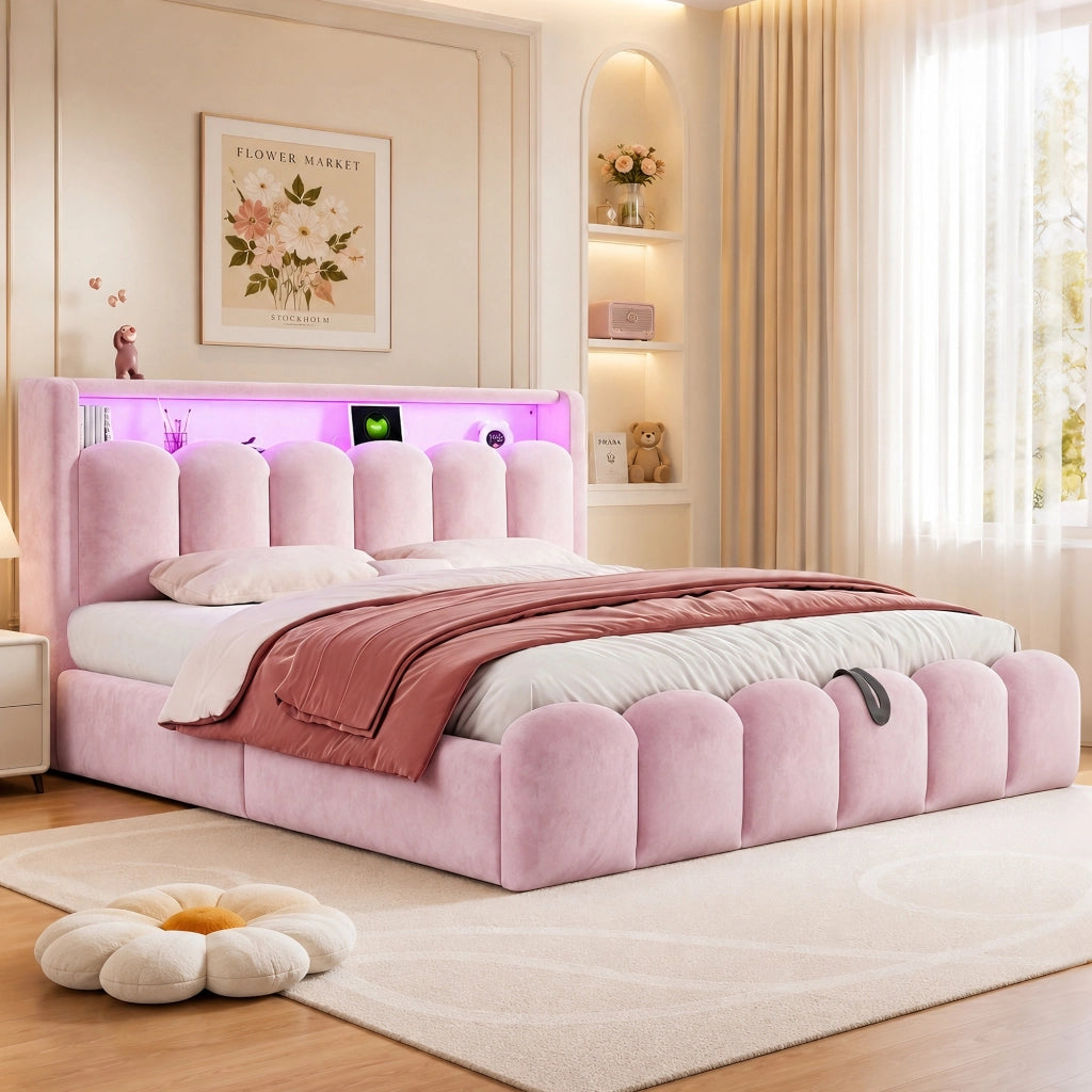 Letto matrimoniale contenitore 180x200 cm con testiera a petalo; LED; USB e USB-C; imbottito in velluto rosa
