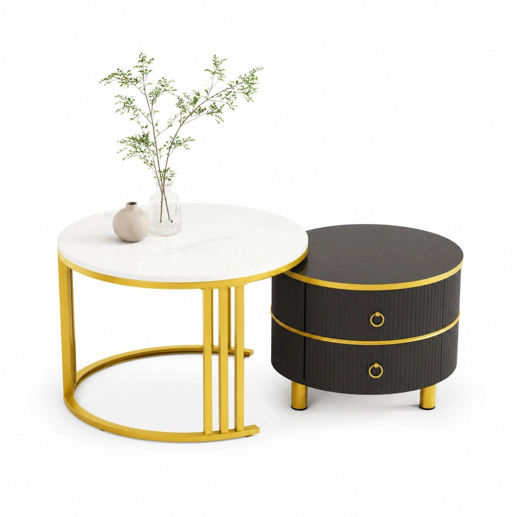 Set di 2 tavolini rotondi da salotto neri con effetto marmo e cassetti