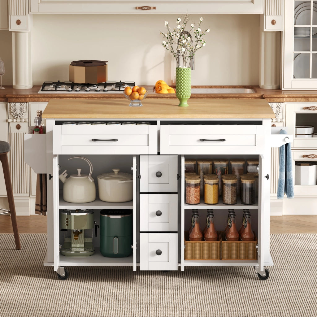 Carrello cucina multifunzionale con piano allungabile, 5 cassetti, armadietti, porta spezie e porta asciugamani