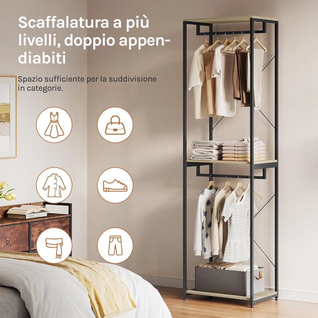Stand Appendiabiti in Legno Attaccapanni Guardaroba per Cameretta Scaffale Porta Abiti 60x40x213 cm
