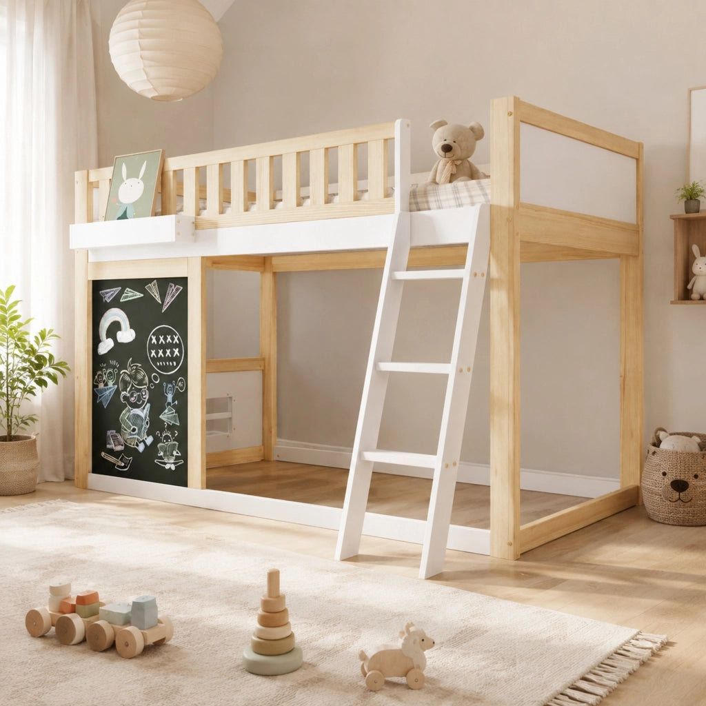 DESMIU Letto a soppalco per bambini 90 × 200 cm 1 posto con lavagnetta, box portaoggetti e sponde, senza materasso