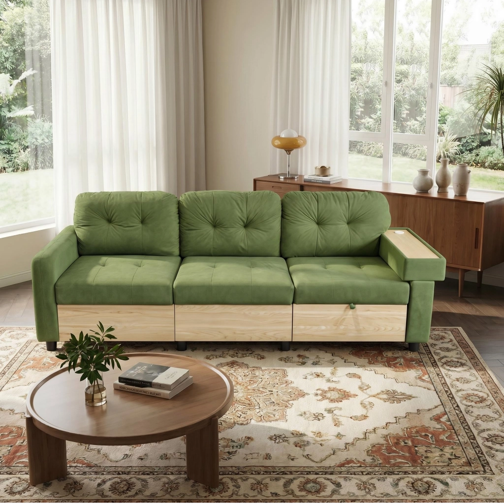 Divano angolare modulare a L con chaise longue estraibile, spazio contenitore e porte USB, in velluto verde per soggiorno