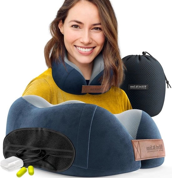 Cuscino di Memoria con Borsa e Orecchini per Sonno + Tasca | Cuscino di Viaggio a U con Schiuma di Memoria | Copertura morbida lavabile | Cuscino per la testa per aereo, auto, bus, treno, vacanza, uomo, donna