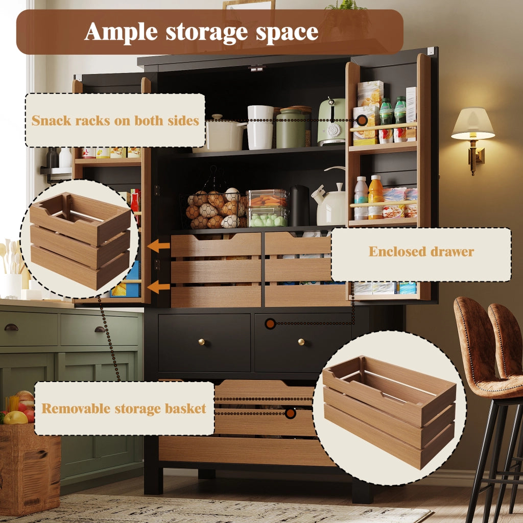 Mobile da cucina 80x40x140 cm, credenza alta multiuso con 2 ante e 5 cassetti, nero/bianco