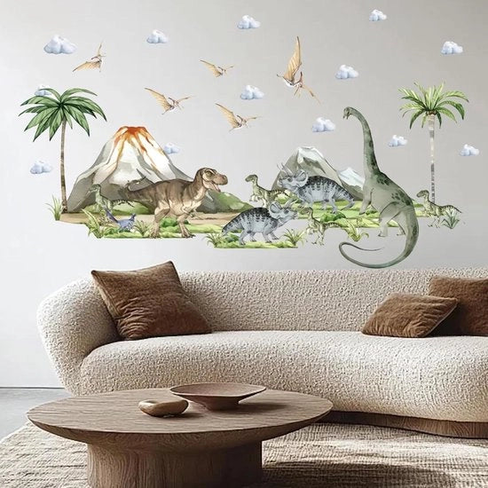 Decorazione per Camera da Bambino con Dinosauri e Piante - Sticker per Muro Dinosauri 60 x 30 cm - Decorazione per Camera da Bambino con Effetto Vulcano