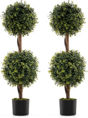 Set di 2 Alberi Artificiali con Tronco Solido da 90 cm, Muschio Naturale e Vaso Stabile Riempito di Cemento, Arbusto Finto Protetto dal Sole per Decorazione Interna ed Esterna