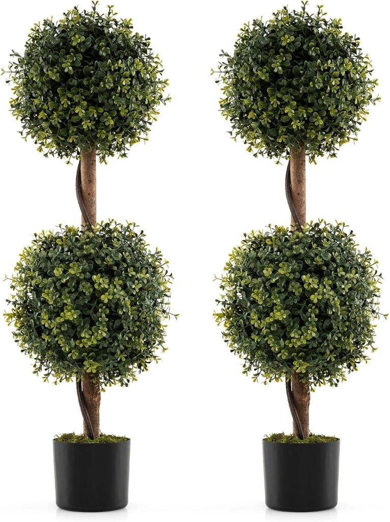 Set di 2 Alberi Artificiali con Tronco Solido da 90 cm, Muschio Naturale e Vaso Stabile Riempito di Cemento, Arbusto Finto Protetto dal Sole per Decorazione Interna ed Esterna