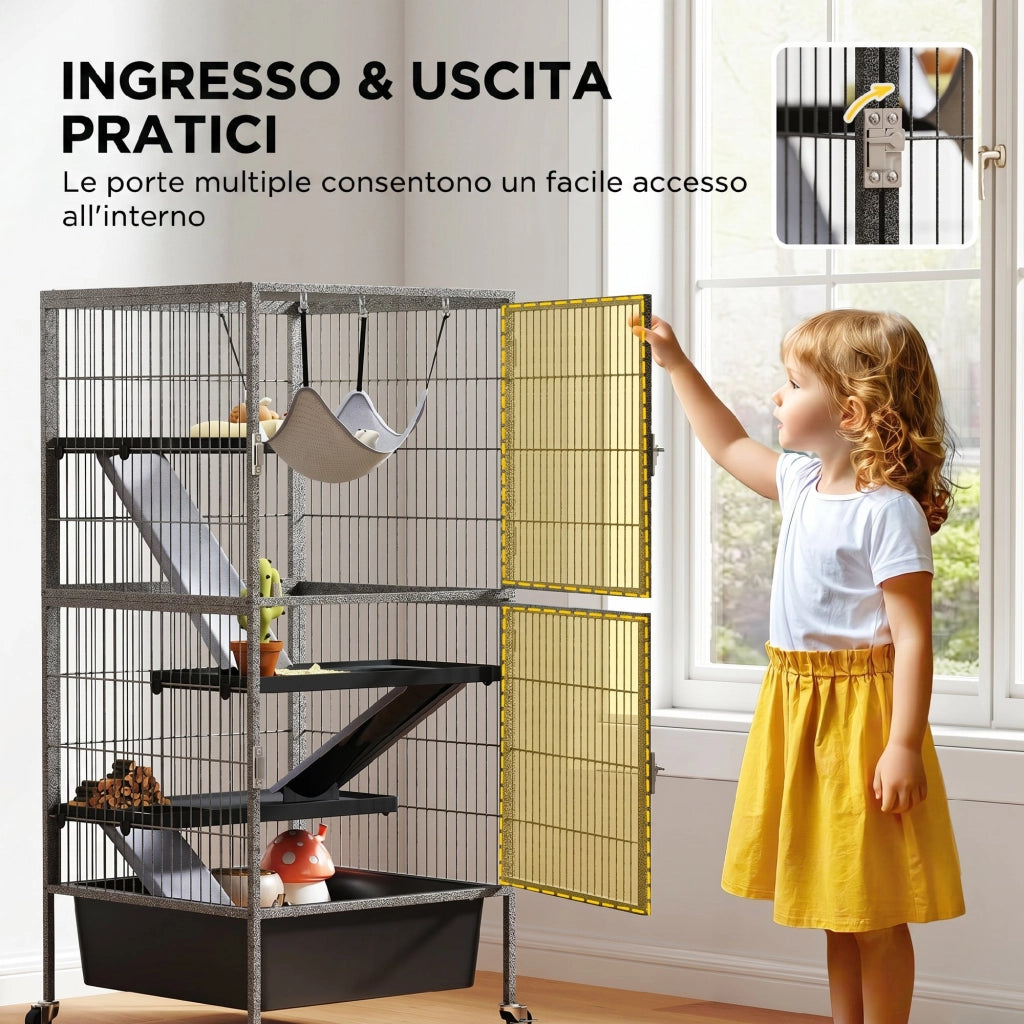 Gabbia per Piccoli Animali a Livelli con Rampe e Ruote ¨C zephmum ¨C Grigio 52x52x115 cm