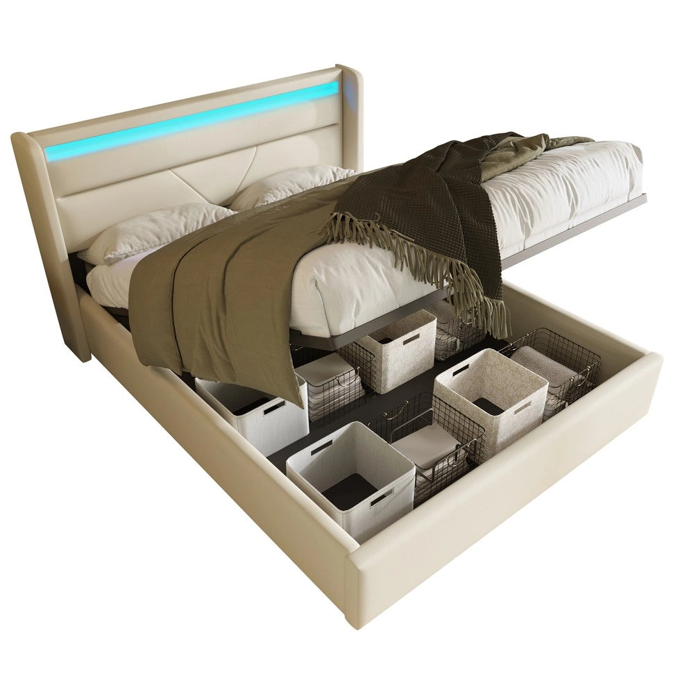 Letto contenitore idraulico imbottito con LED ¨C Minimal ¨C Bianco 160x200cm