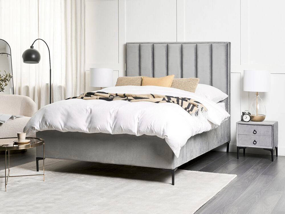 Set camera da letto in velluto grigio matrimoniale 160 cm 6 letto con contenitore 2 comodini imbottiti