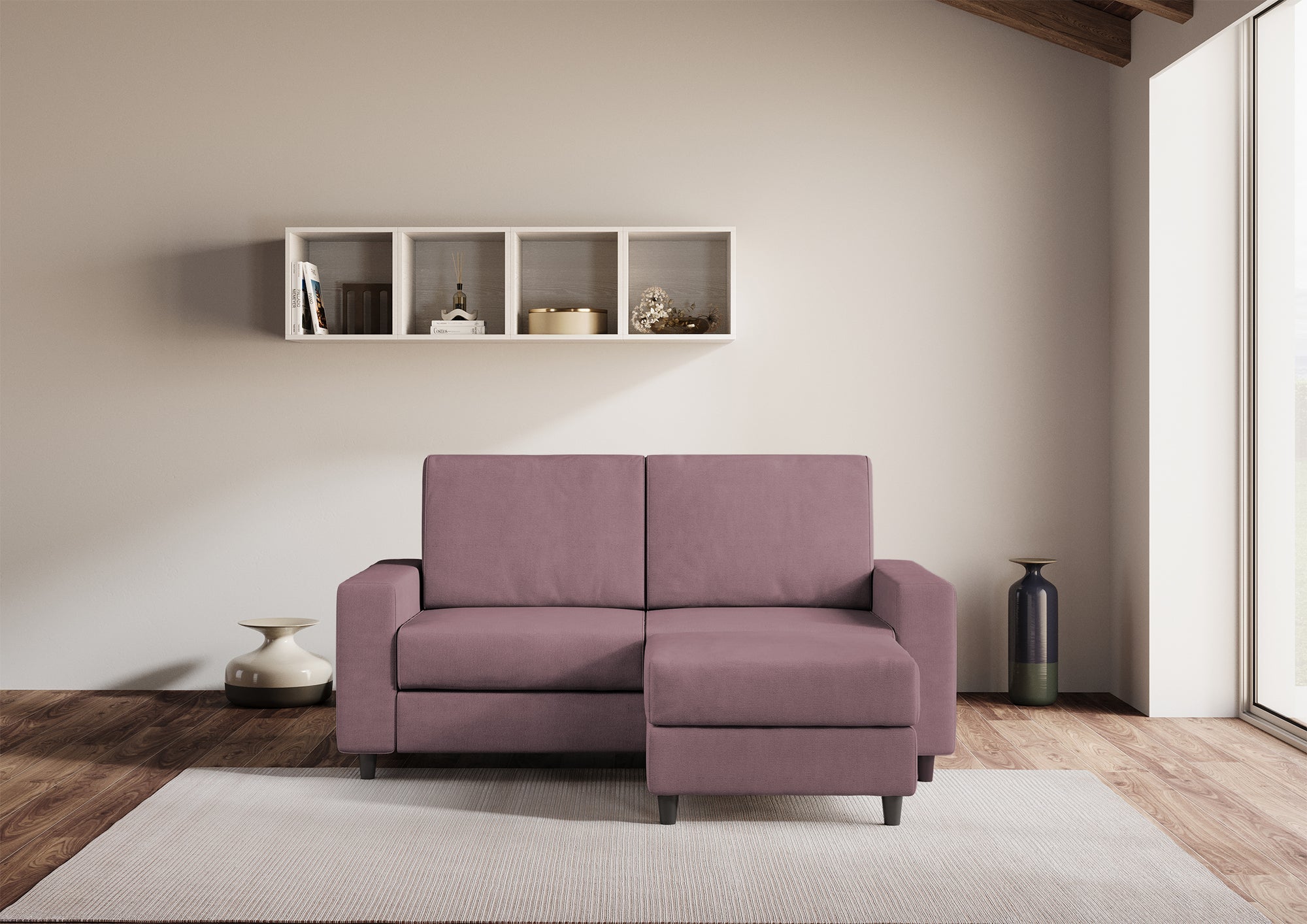 Divano 2 Posti con Pouf 168x145x85 cm Sakar in Tessuto Prugna