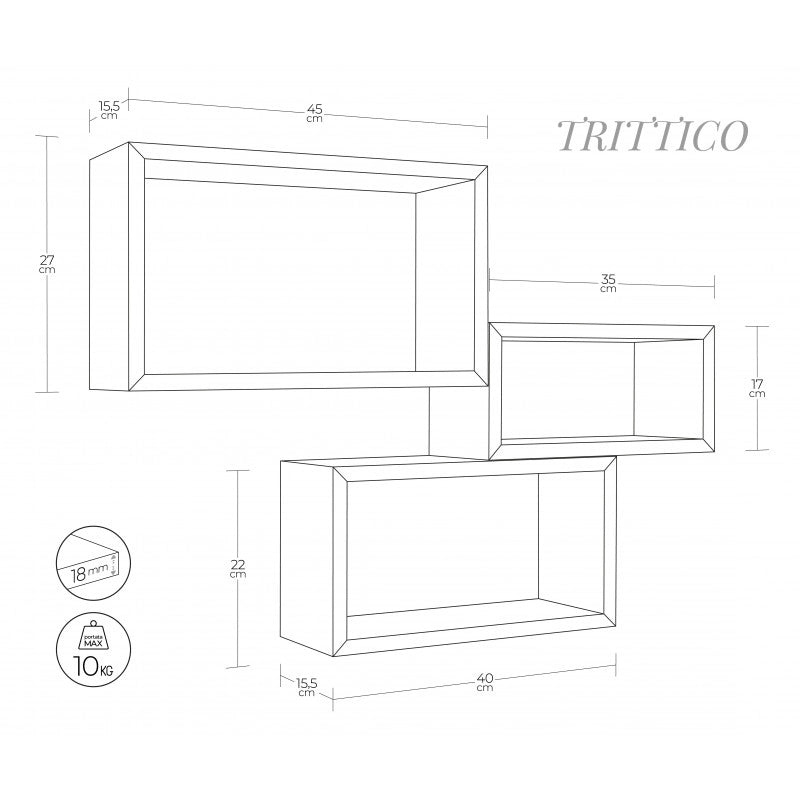 Set 3 Mensole da Parete Trittico Nero 45x27, 40x22 e 35x17 cm - Sanitec