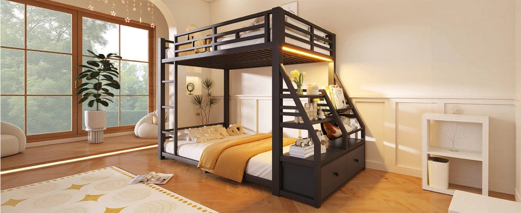 DESMIU Letto a castello 2 posti 90 × 200 cm con LED, 2 cassetti in tessuto e ripiani, senza materasso, nero