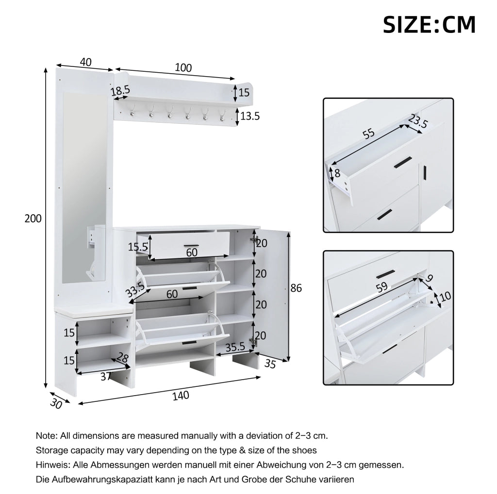 Guardaroba ingresso 140x30x200 cm con panca portascarpe; specchio e ganci in MDF bianco
