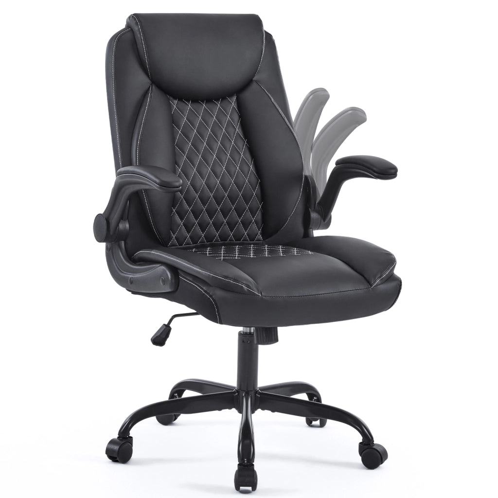 Sedia da ufficio ergonomica - con supporto lombare e braccioli ribaltabili - in pelle - nero