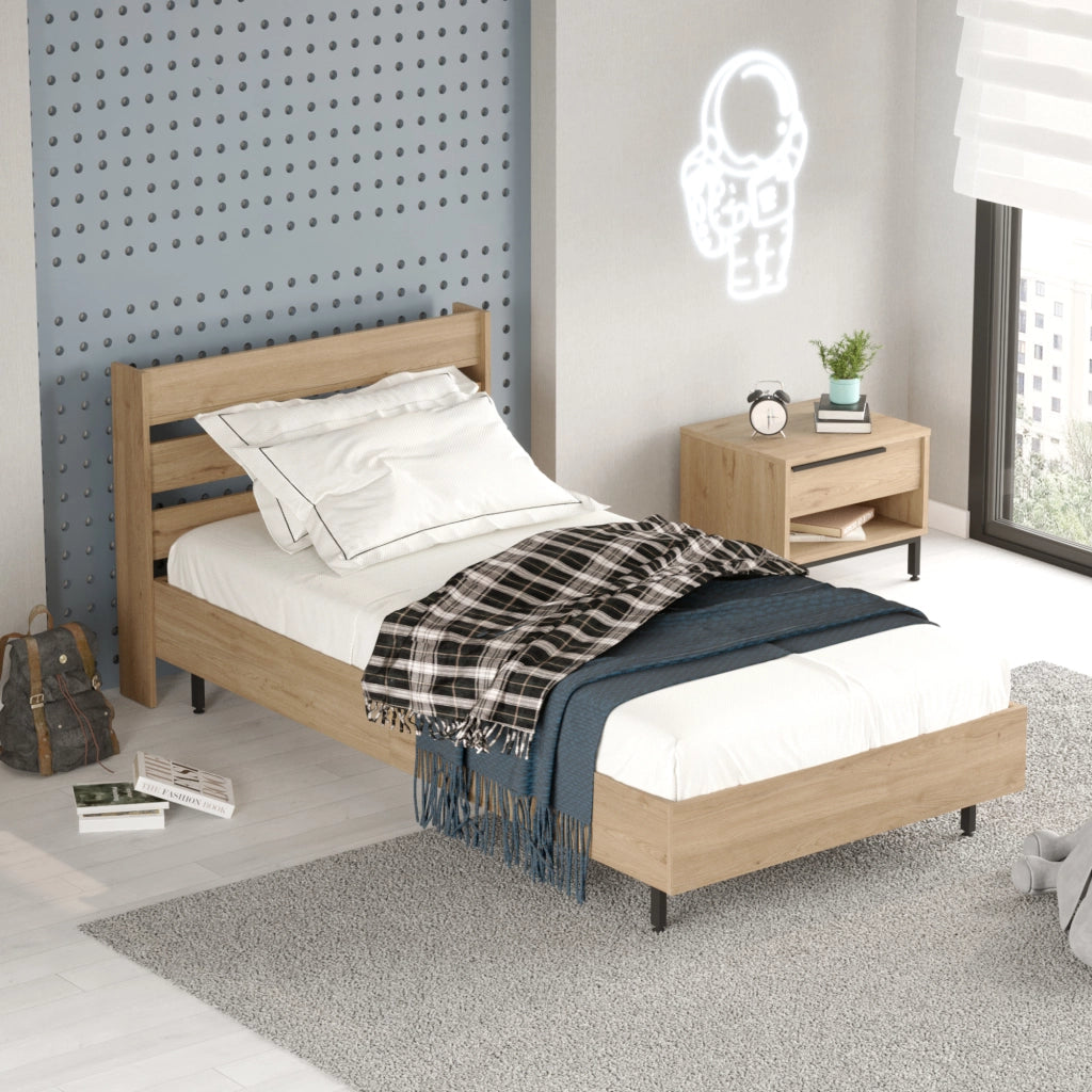 Struttura Letto Singolo Vesanto 100 x 200 cm con Testiera Alta - Effetto Rovere [en.casa]