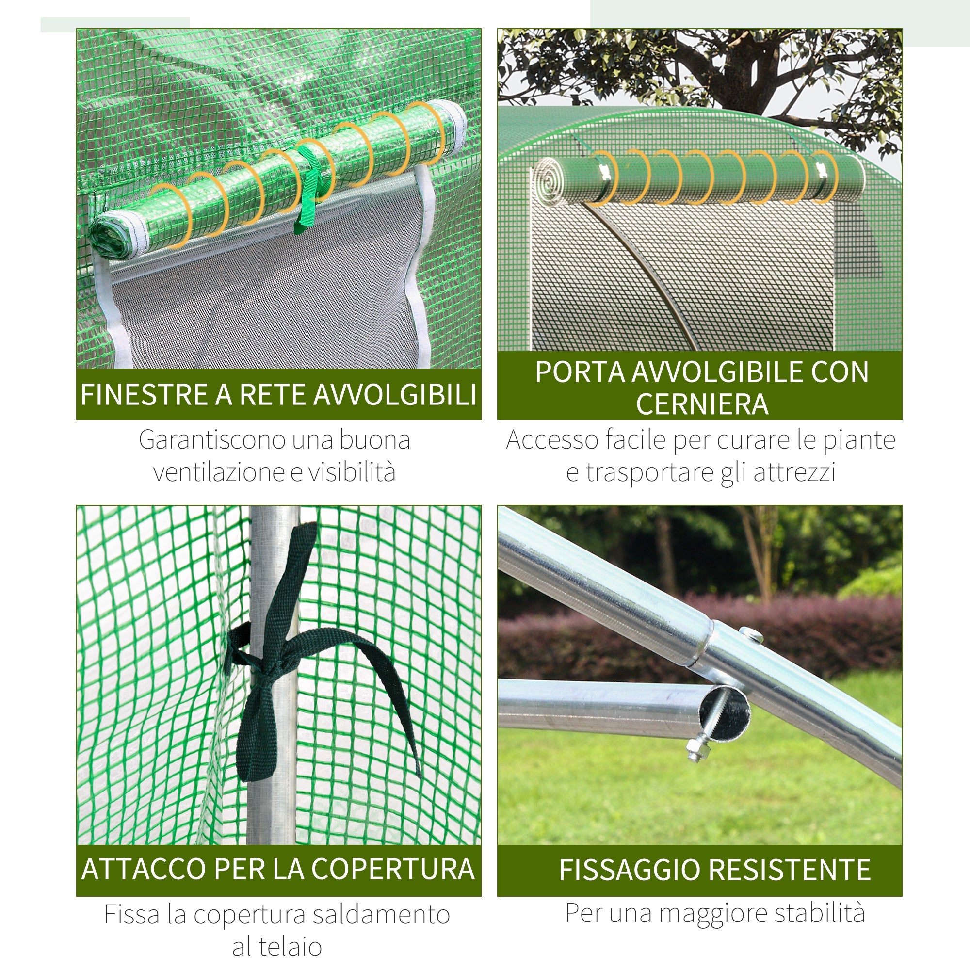 Serra a Tunnel 450x300x200 cm Porta Avvolgibile e 6 Finestre Verde