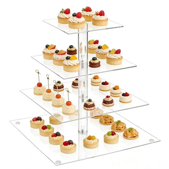 Stand per torte quadrata 4 livelli - Standard per torte in acrilico - Stand per esposizione trasparente - Leggero - Sostenibile - Montaggio facile