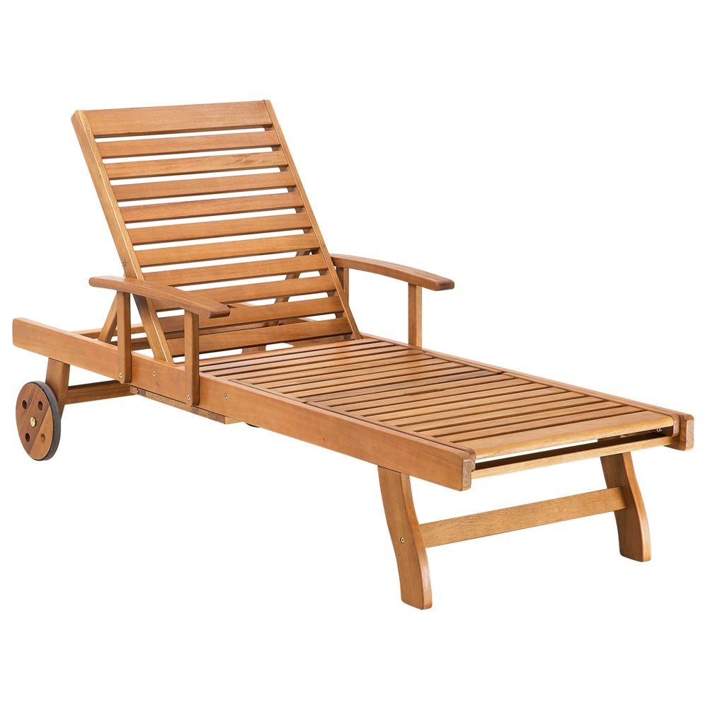 Lettino Prendisole Regolabile con Ruote Legno Acacia e Cuscino grigio chiaro resistente agli agenti atmosferici reclinabile con ruote