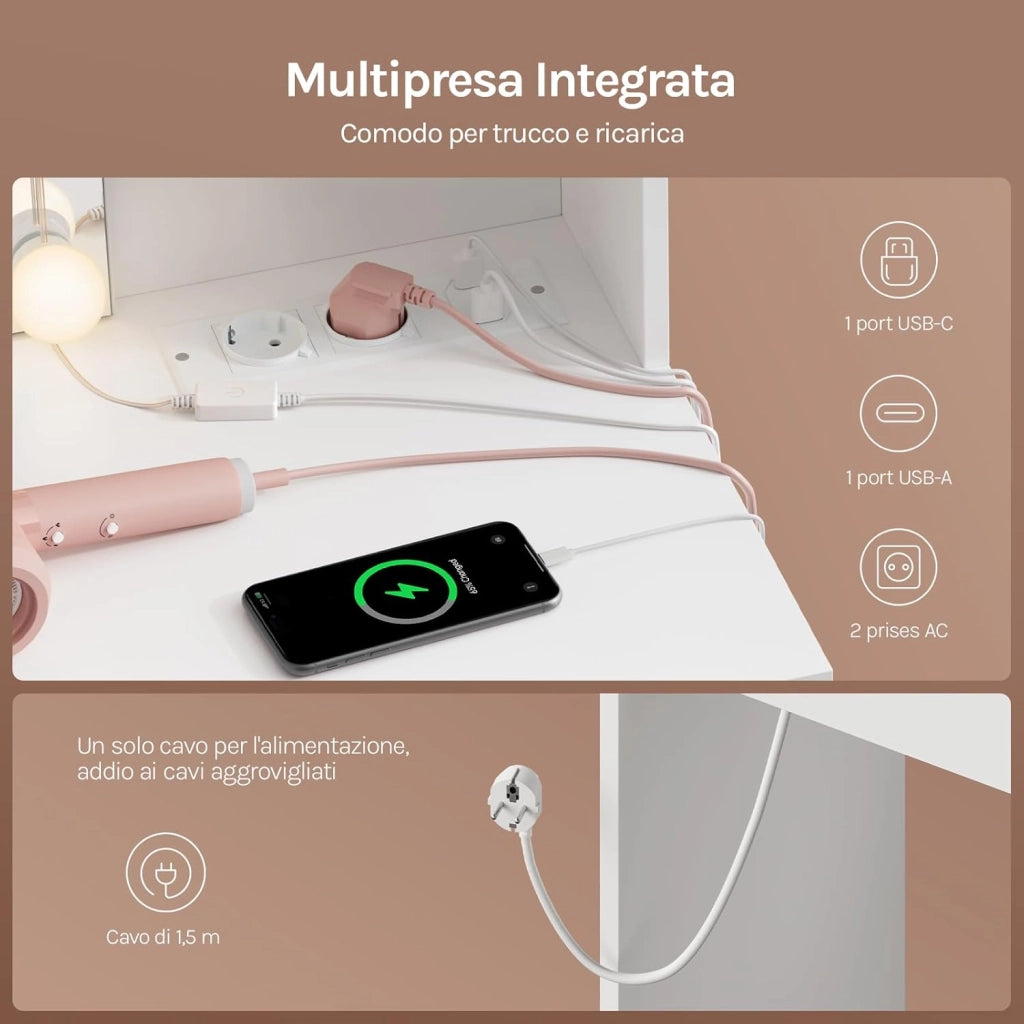 Toeletta da Trucco con Specchio LED, con 2 Prese di Corrente, Postazione Trucco con 2 Cassetti 4 Ripiani, Bianco, 90x135x40 cm, MB6123ws