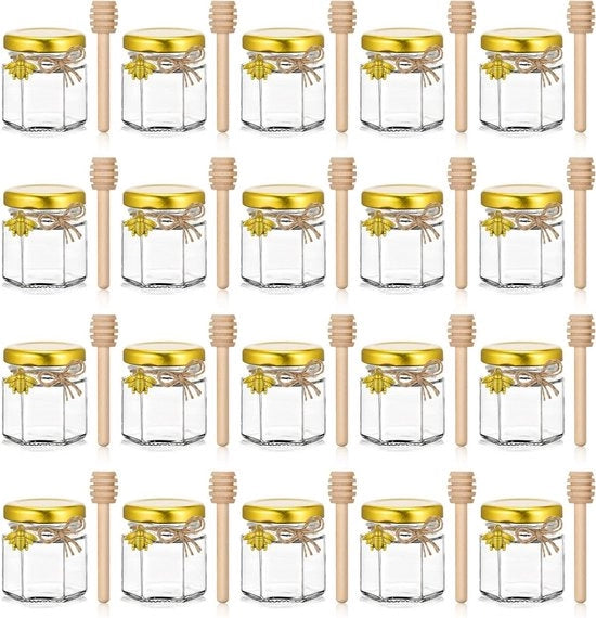 Mini vasetti da vino in vetro da 15 onze, 20 pezzi con cucchiaio di legno, coperchio dorato, ideali per regali di compleanno e matrimoni