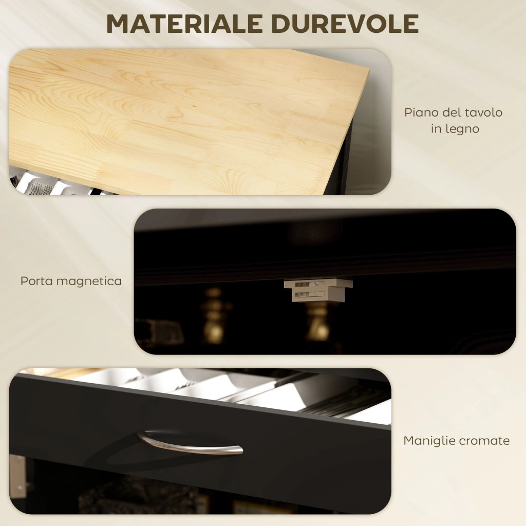 Carrello da Cucina in Legno con Portabottiglie, 3 Ante e Cassetto, 67x37x87 cm, Nero e Rovere