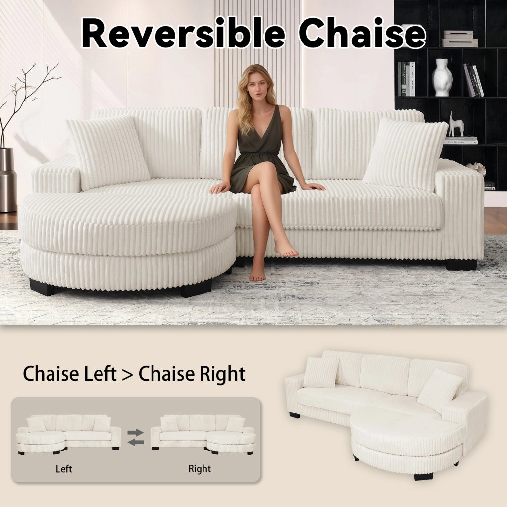 Divano angolare modulare 4 posti con pouf ovale reversibile e 2 cuscini in corduroy beige per soggiorno