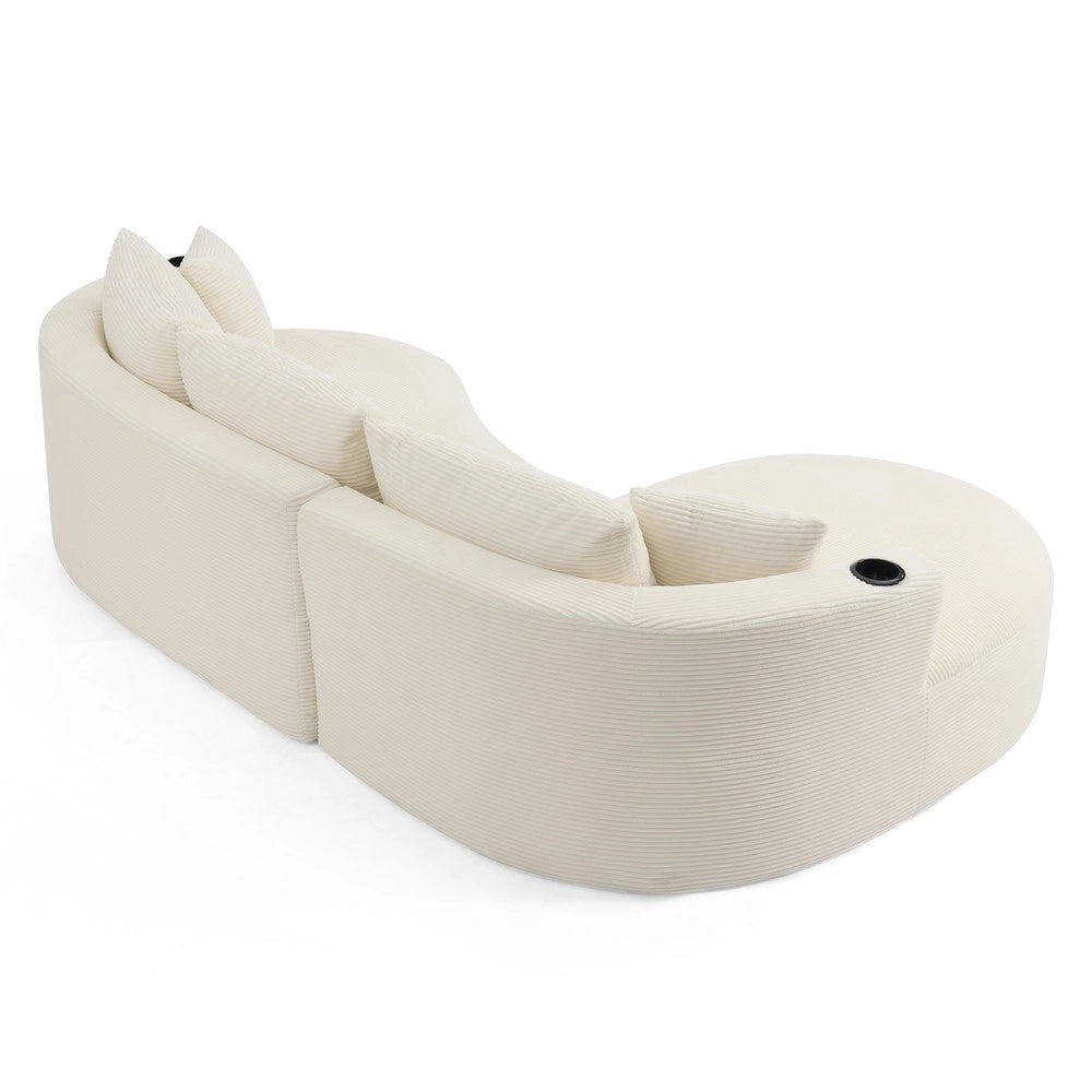 Divano 3 Posti con Chaise Longue Sinistra e Cuscini ¨C Xylo ¨C Beige, Tessuto a Coste, con Portabicchieri
