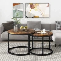 Set di 2 tavolini rotondi, tavolino impilabile con piano in MDF e struttura in acciaio, tavolo grande 50 x 70,5 cm, tavolo piccolo 45,5 x 44 cm, Marrone