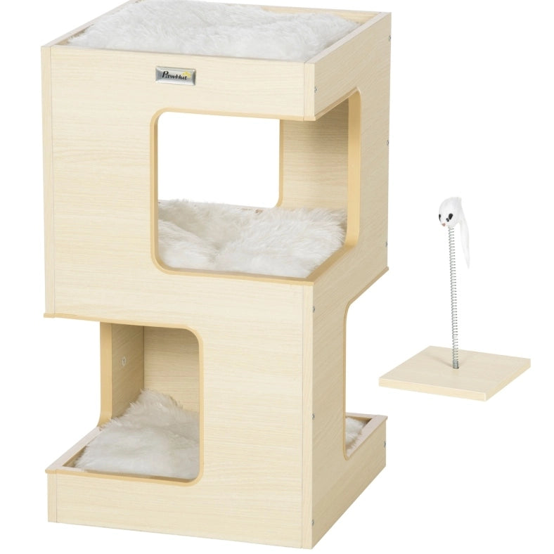 Torre tiragraffi ULEVR per gatti 34x34x60 cm a 3 livelli con cuscini e gioco a forma di topo, rovere