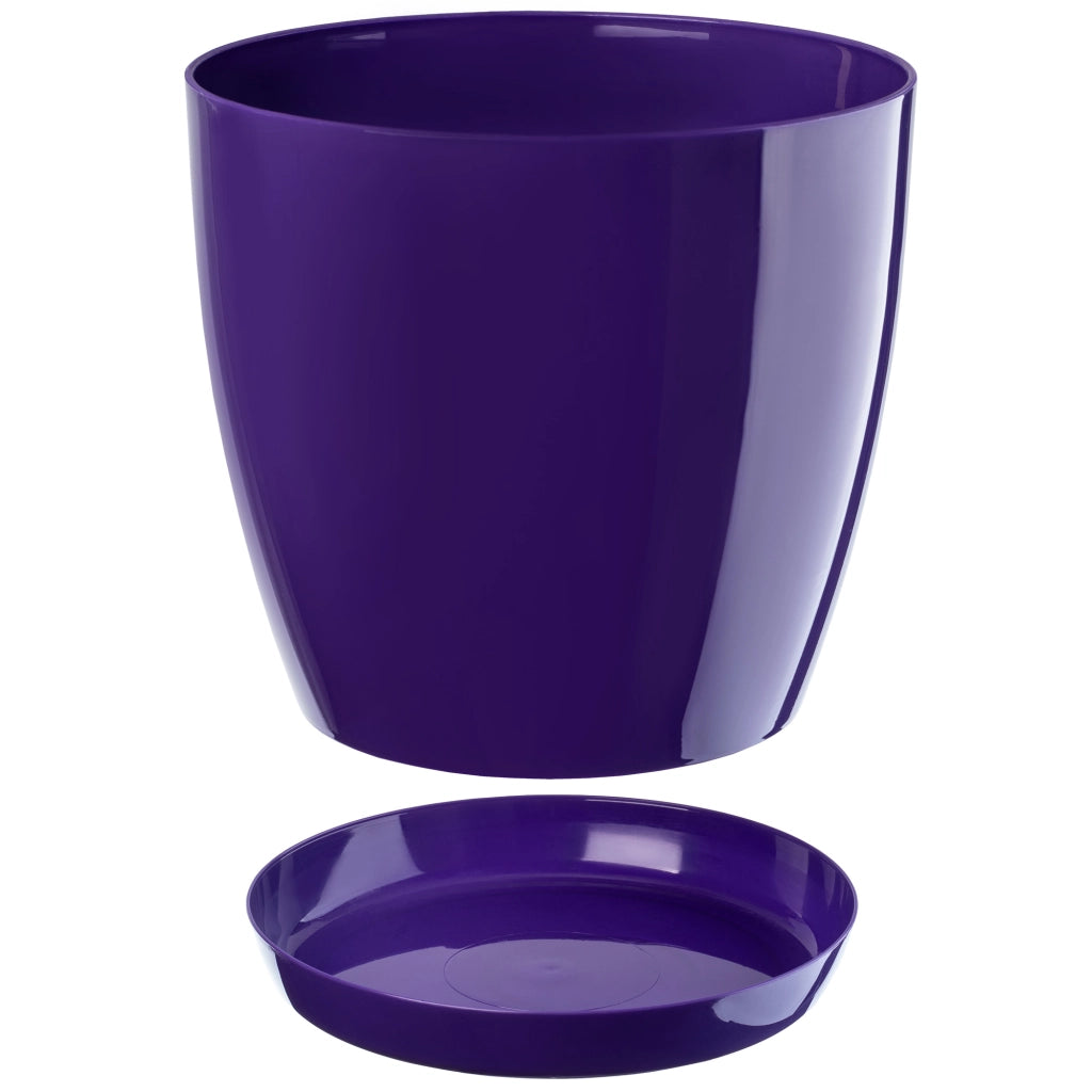 Vaso da fiori KADAX con sottovaso e coperchio in plastica, 23 cm, fiori viola. Kadax