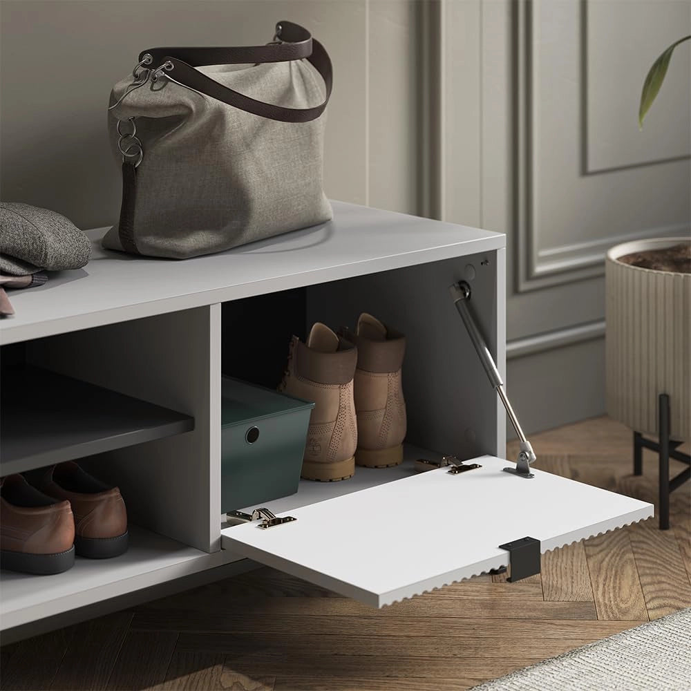 Panca scarpiera da ingresso Eliza, Grigio, 100 x 45 cm con porta a soffietto, per la conservazione delle scarpe e combinabile con la serie Eliza