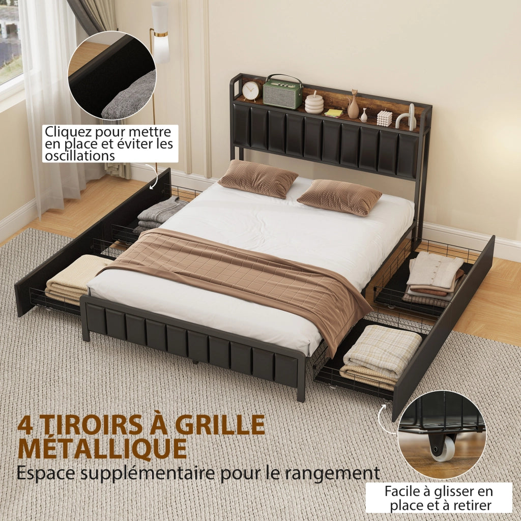 Letto matrimoniale imbottito con contenitore e rete a doghe ¨C zephmum ¨C nero 140x190