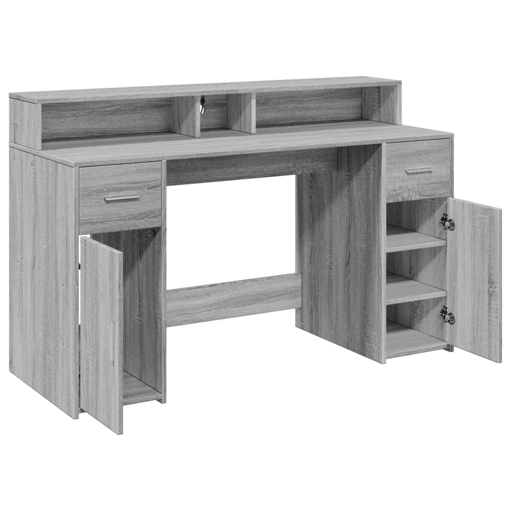 Scrivania tavolo postazione di lavoro mobile per computer mobile per studio e luci a LED Sonoma 140 x 55 x 91 cm legno ingegnerizzato grigio 02_0023807