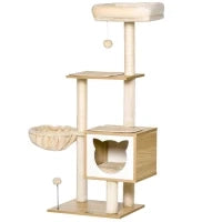 Tiragraffi per Gatti con 2 Pali, Casetta, Amaca, Lettino e 2 Palline, in Legno, Pile e Sisal, 48x40x126 cm