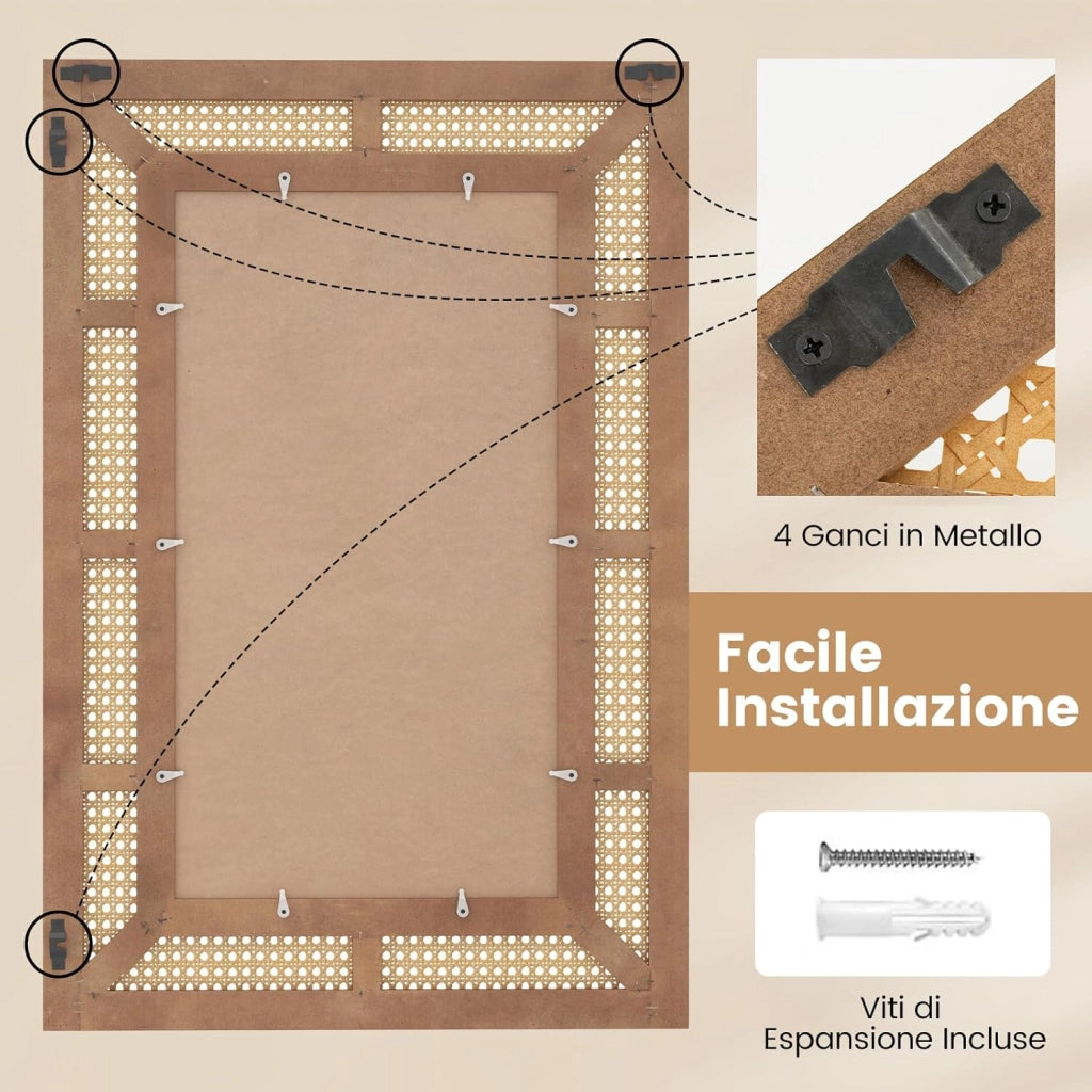 Specchio da Parete 90x60 cm in Rattan, Specchio Decorativo Rettangolare con Cornice in Legno, Specchio Verticale o Orizzontale per Bagno Soggiorno Ingresso (Rettangolo 90 x 60 cm)