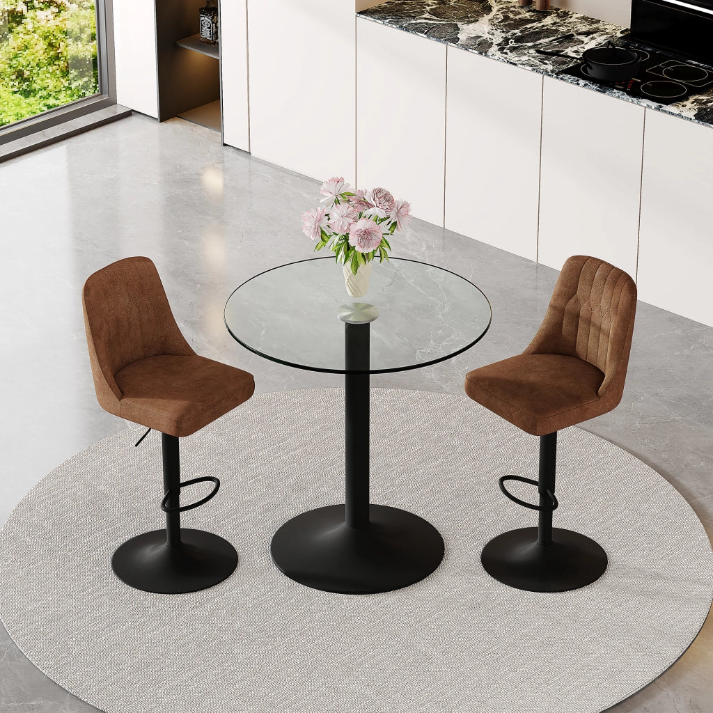 Tavolo da bar rotondo in vetro con 2 sgabelli girevoli, base in metallo nero, per bar e cucina, 89 cm